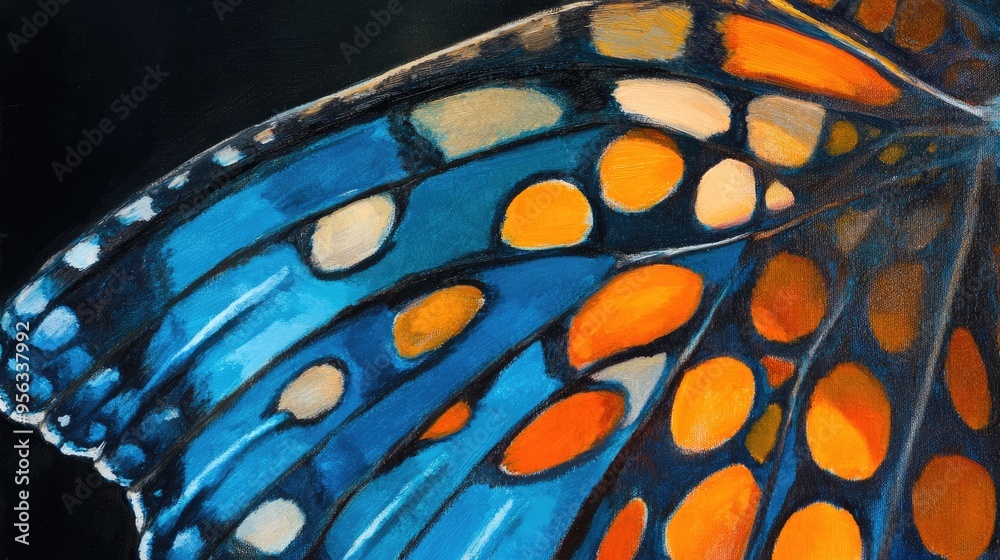 Close up oil painting of a butterfly wing featuring vibrant blue and orange patterns against a dark background Close up oil painting of a butterfly wing featuring vibrant blue and orange patterns against a dark background