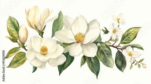 Watercolor illustration of white Yulania denudata with blooming Magnolia and Jasmine flowers