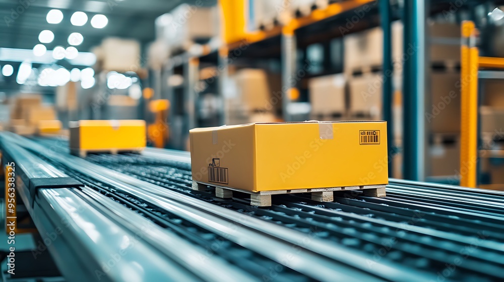 Photo of a Yellow Cardboard Box on a Conveyor Belt in a Warehouse Photo of a Yellow Cardboard Box on a Conveyor Belt in a Warehouse