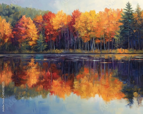 Oil painting showcasing autumn hues reflected in a serene lake capturing the vibrant colors of fall foliage