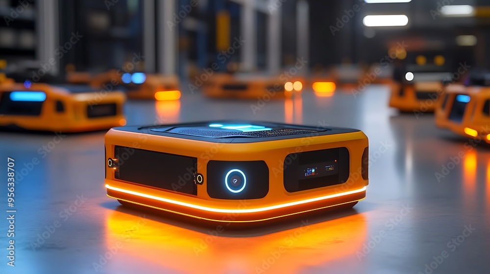 3D Render of Orange Autonomous Delivery Robot in Warehouse 3D Render of Orange Autonomous Delivery Robot in Warehouse