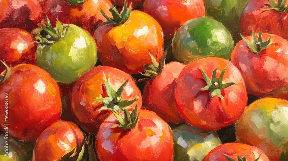 Oil painting showcasing a full frame view of vibrant tomatoes Oil painting showcasing a full frame view of vibrant tomatoes