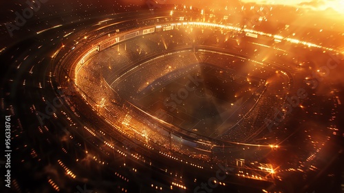 Aerial view of a stadium illuminated with warm light, capturing the excitement and atmosphere of an event in vibrant detail.