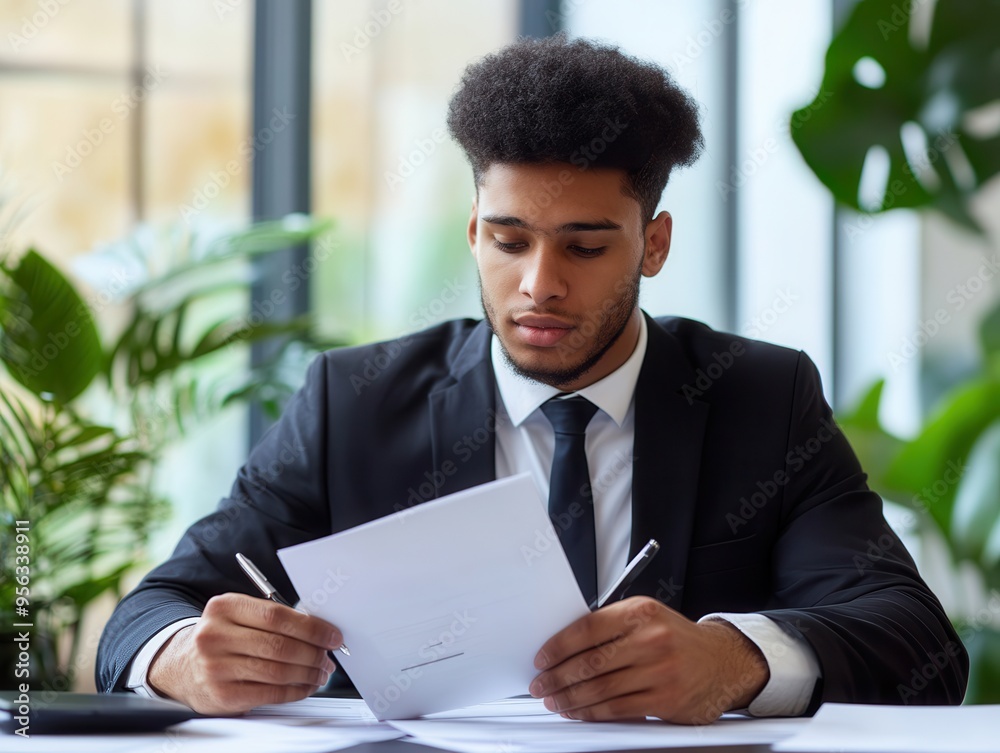 A focused businessman reviewing documents in a modern office surrounded by greenery, embodying professionalism and concentration. A focused businessman reviewing documents in a modern office surrounded by greenery, embodying professionalism and concentration.
