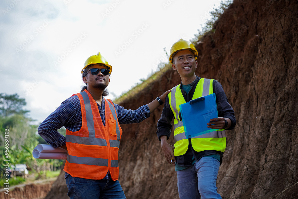 Two young male construction workers are surveying using blueprints in the field Two young male construction workers are surveying using blueprints in the field