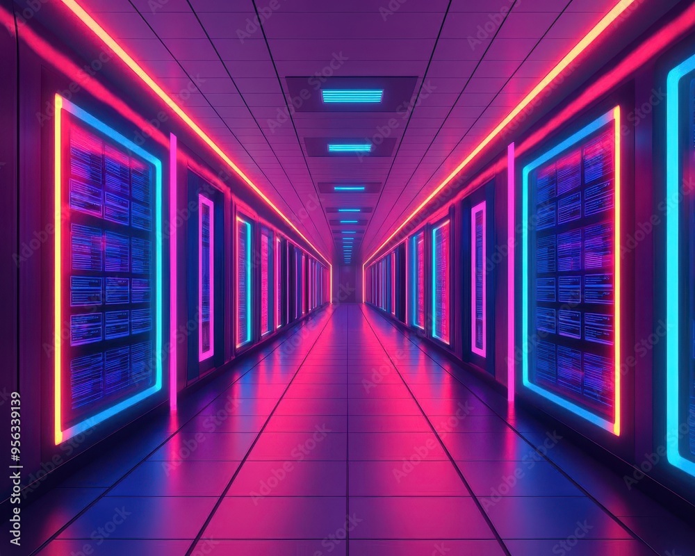 A neon-lit futuristic mall with animated deal boards, cyberpunk, digital art, high contrast neon colors A neon-lit futuristic mall with animated deal boards, cyberpunk, digital art, high contrast neon colors