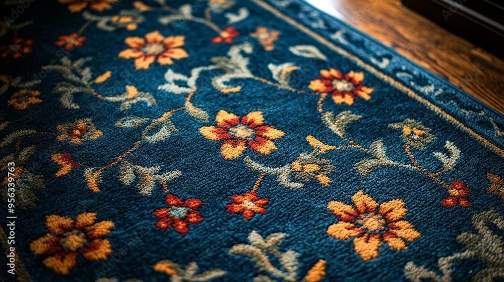 Persian-inspired carpet with intricate floral patterns on turquoise