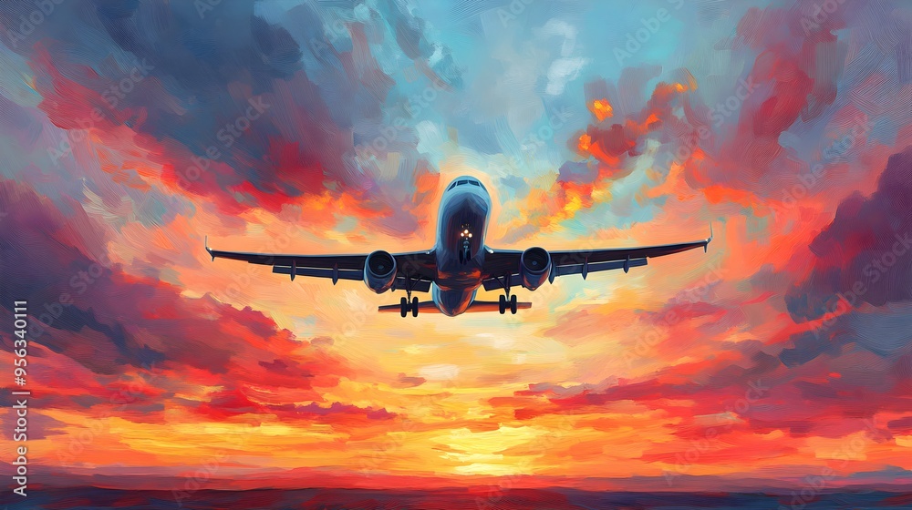 Watercolor skies at sunset host a jet plane flying at high speed, the vibrant, fluid colors of the horizon enhancing the drama and intensity of the scene Watercolor skies at sunset host a jet plane flying at high speed, the vibrant, fluid colors of the horizon enhancing the drama and intensity of the scene