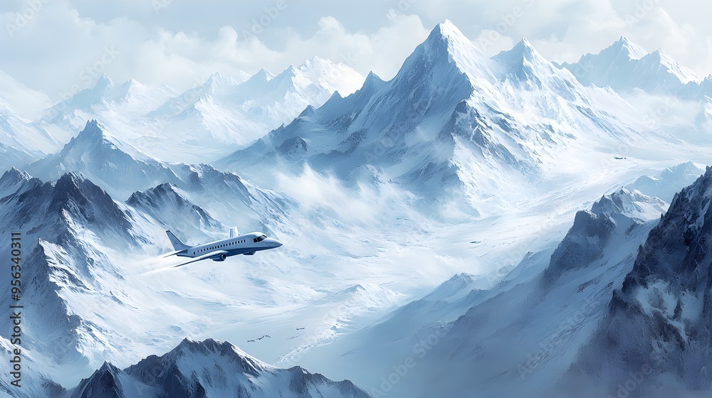 A rescue airplane soaring over snow-capped mountains, its shadow stretching across the pristine white landscape, sky painted in soft pastels A rescue airplane soaring over snow-capped mountains, its shadow stretching across the pristine white landscape, sky painted in soft pastels