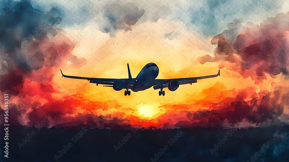 The silhouette of a jet plane dominates a stunning watercolor sunset, the aircraft's sharp lines juxtaposed with the soft, flowing colors of the evening sky The silhouette of a jet plane dominates a stunning watercolor sunset, the aircraft's sharp lines juxtaposed with the soft, flowing colors of the evening sky