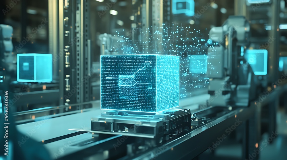 Digital Data Cube Transported on Automated Conveyor Belt in Factory Setting - Future Technology and Automation Digital Data Cube Transported on Automated Conveyor Belt in Factory Setting - Future Technology and Automation