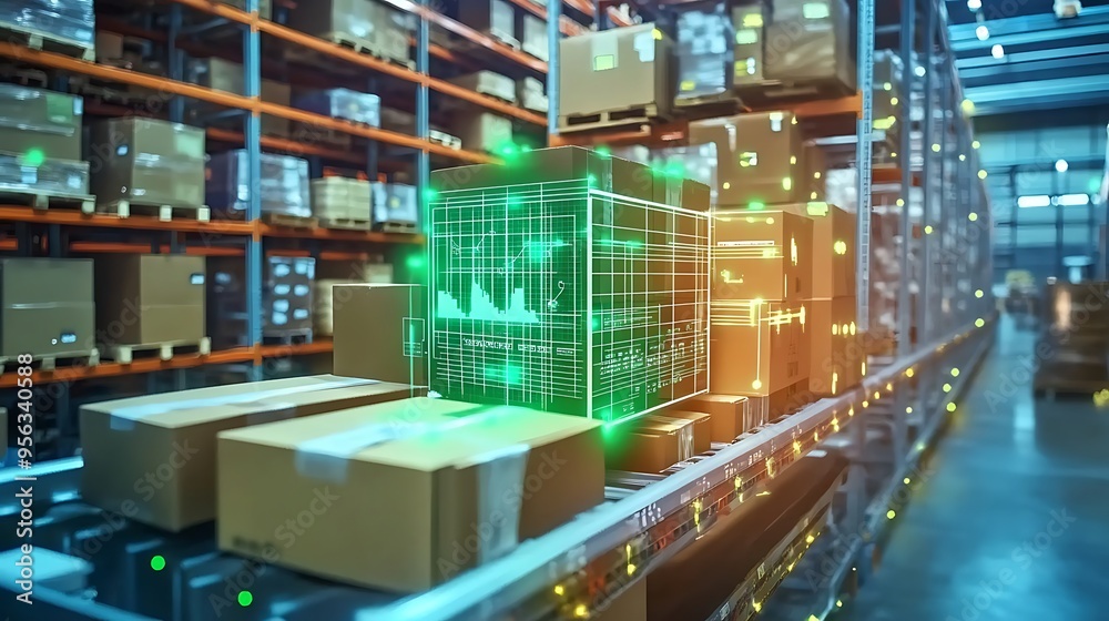 Warehouse Conveyor Belt With Packages and Holographic Green Data Illustration Warehouse Conveyor Belt With Packages and Holographic Green Data Illustration
