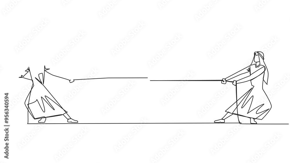 Animation of single one line drawing two Arabian businessmen fighting over a piggy bank. Fighting each other for investment. Rely on muscle to become a winner. Struggle. Full length motion Animation of single one line drawing two Arabian businessmen fighting over a piggy bank. Fighting each other for investment. Rely on muscle to become a winner. Struggle. Full length motion