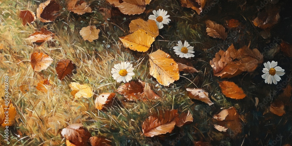 Obraz premium Oil painting depicting dry leaves and flowers on grass showcasing natural scenery and the effects of sunlight