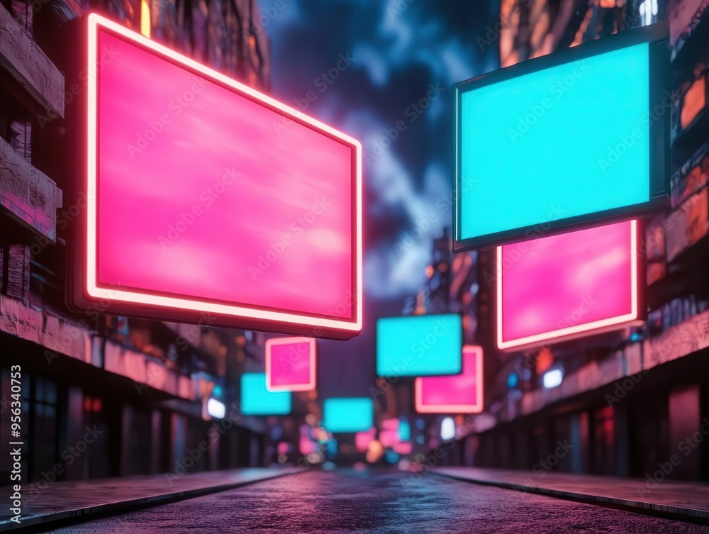 A futuristic shopping district with floating digital billboards displaying dynamic sales, cyberpunk, digital art, neon glow