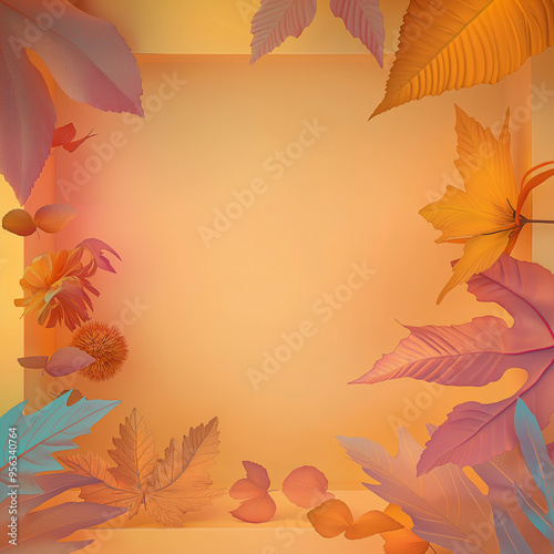 Creative autumn frame made of fresh, yellow-toned field leaves. Copy, empty space. Soft pastel background, flat lay. Foliage in warm autumn hues. Illustration.