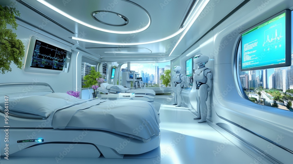 Fototapeta premium Futuristic Hospital Room with Robots and City View