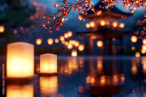 A serene evening scene featuring glowing lanterns and a traditional pagoda, reflecting in calm water under a twilight sky. photo