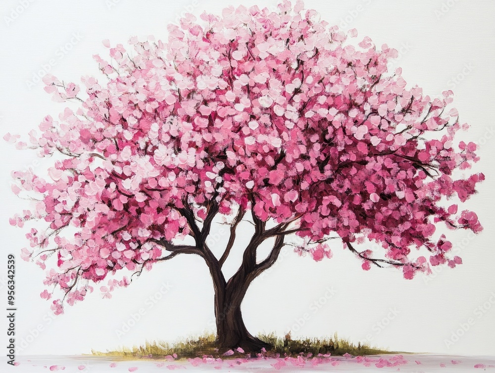 Oil painting depicting a beautiful pink and white shower tree against a white background Oil painting depicting a beautiful pink and white shower tree against a white background
