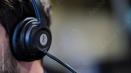 Closeup of a call center employee speaking clearly into a headset microphone providing customer assistance and support with a professional and service oriented approach photo