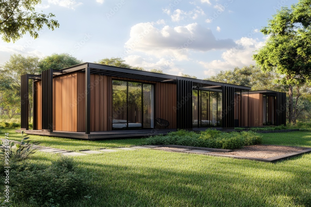 Private ranch style house with mono pitch roof and timber wood cladding. Exterior architecture for residential properties. Private ranch style house with mono pitch roof and timber wood cladding. Exterior architecture for residential properties.