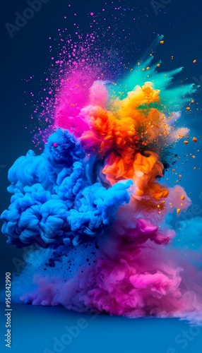 Explosion of vibrant colorful holi powder paint, smoke cloud on blue background, vibrant color dust