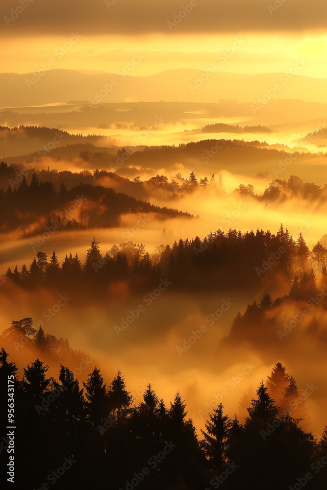 Obraz premium sunset over the misty forest silhouette, hills at golden hour, peacefull landscape 
