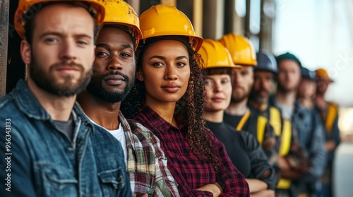 Portrait of workers standing together in diverse group of team on construction site, unity and strength, Labor Day concept.