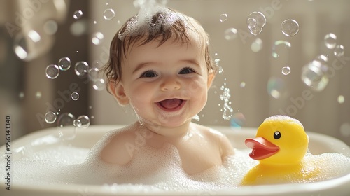 Happy baby bathing with foam, bubbles and a yellow duck