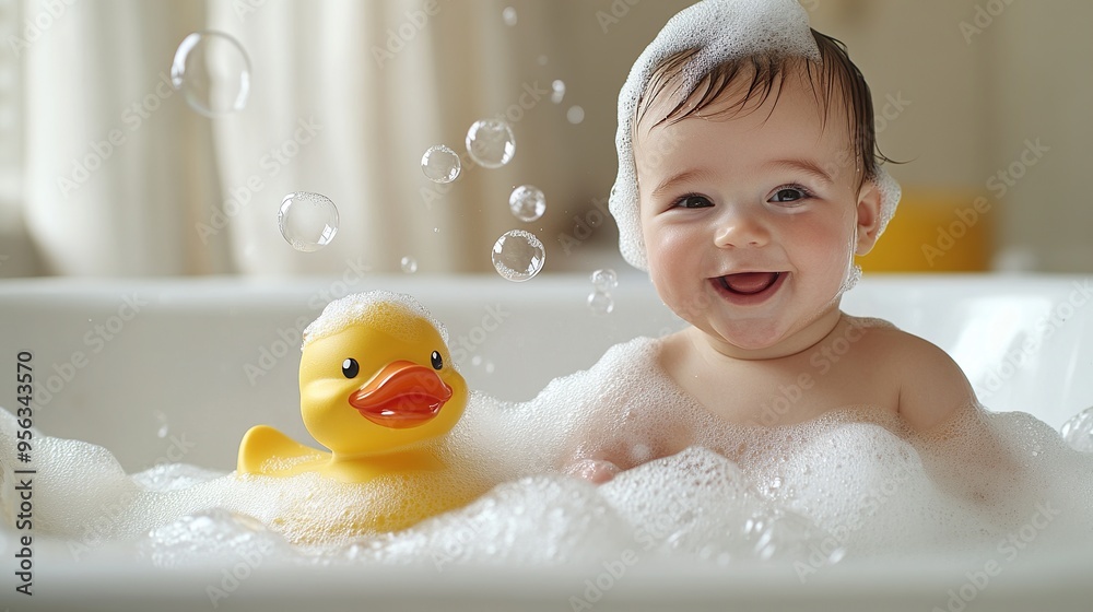 Happy baby bathing with foam, bubbles and a yellow duck Happy baby bathing with foam, bubbles and a yellow duck