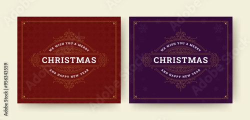 Merry Christmas retro luxury greeting card social media post design template set vector flat illustration. Winter holiday wish celebration vintage flourish golden frame invitation label with snowflake