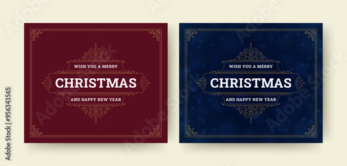 Merry Christmas vintage flourish frame design template for greeting card social media post set vector illustration. New Year Xmas holiday celebrate red blue banner retro royal luxury curved border