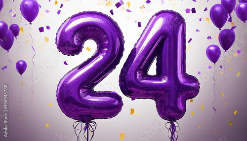 Purple birthday / anniversary balloon, number 24, white background with confetti photo