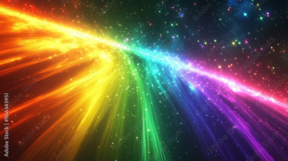 Colorful cosmic rays burst through space, illuminating the night sky with vibrant hues of red, orange, yellow, green, blue, and purple Colorful cosmic rays burst through space, illuminating the night sky with vibrant hues of red, orange, yellow, green, blue, and purple