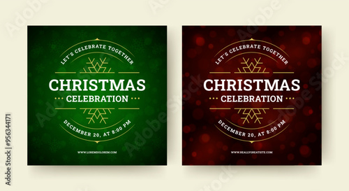 Christmas music party event celebration social media post design template set vector illustration. Xmas New Year musical disco festival red green squared flyer with snowflake glow spark bokeh