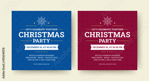 Christmas celebration festive party social media post design template set vector flat illustration. Xmas New Year winter holiday festival event red blue retro squared flyer with snowflake and ribbon