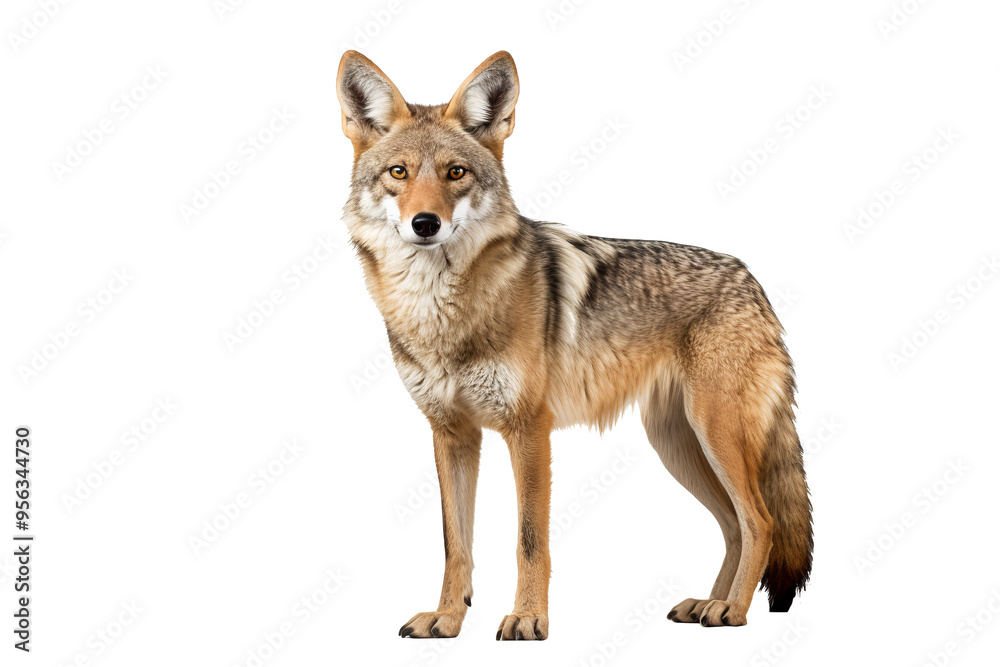 Realistic PNG of a coyote standing alert with transparent background for easy integration into designs Realistic PNG of a coyote standing alert with transparent background for easy integration into designs