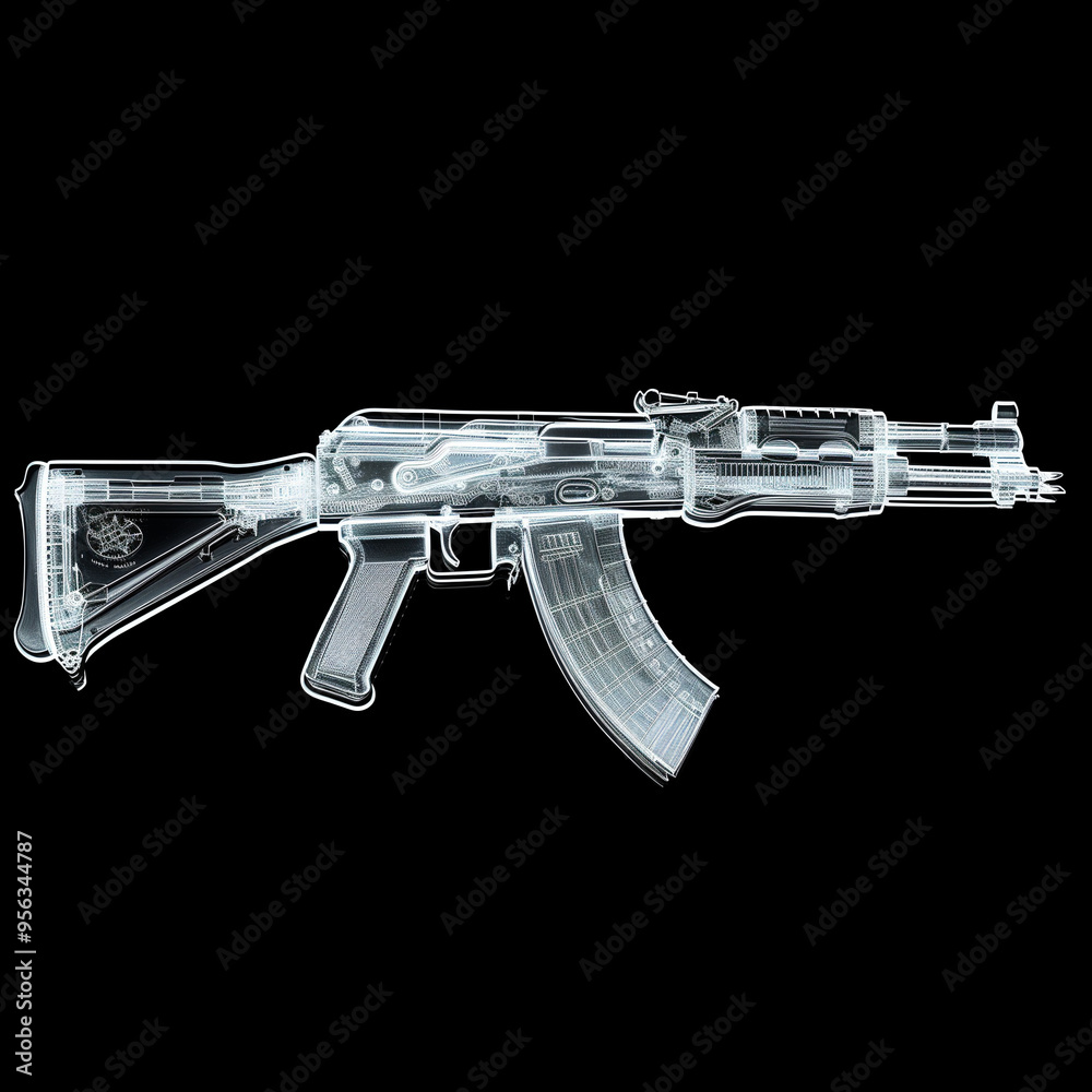 X-ray view of a rifle against a black background. X-ray view of a rifle against a black background.