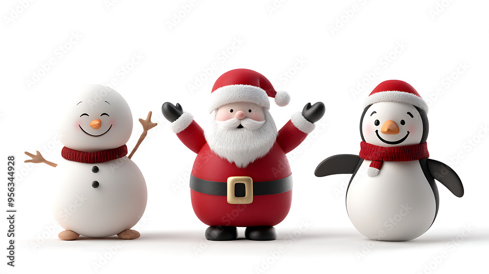 Christmas characters vector set design. Santa claus, Snowman, and penguin christmas character collection in standing, waving, smiling and funny pose, white background. Generative AI illustration Christmas characters vector set design. Santa claus, Snowman, and penguin christmas character collection in standing, waving, smiling and funny pose, white background. Generative AI illustration
