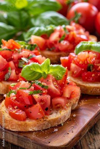 Delicious Italian Bruschetta, Topped with Fresh Tomatoes and Basil, Served on Rustic Wooden Board