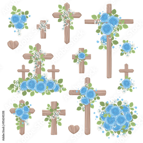 Wooden crosses of various sizes decorated with blue roses and leaves Christianity and Catholicism religion