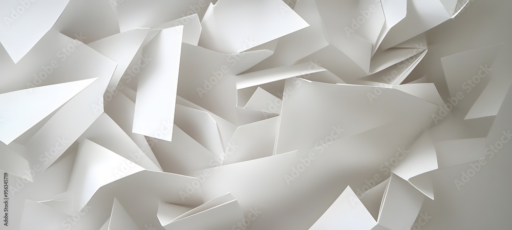 3. Angular paper shapes interlocking to create a complex, layered three-dimensional composition 3. Angular paper shapes interlocking to create a complex, layered three-dimensional composition
