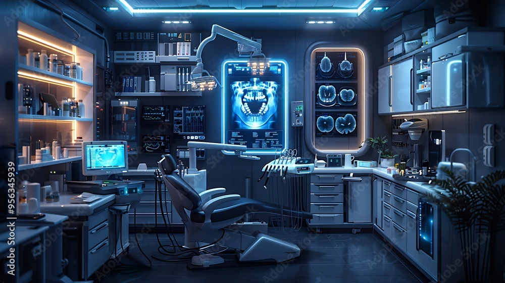 Conceptual image of dental care technology featuring digital tools diagnostic systems and advanced treatment equipment with sleek and professional design Conceptual image of dental care technology featuring digital tools diagnostic systems and advanced treatment equipment with sleek and professional design
