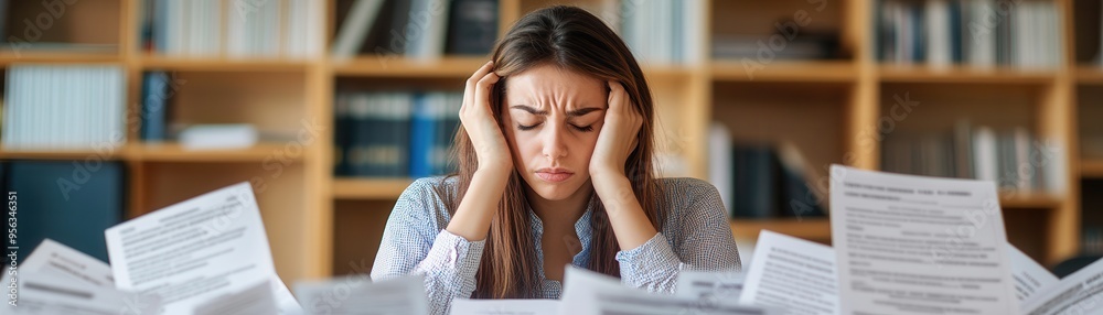 A stressed woman surrounded by paperwork, struggling to manage her workload in a cluttered office environment. A stressed woman surrounded by paperwork, struggling to manage her workload in a cluttered office environment.