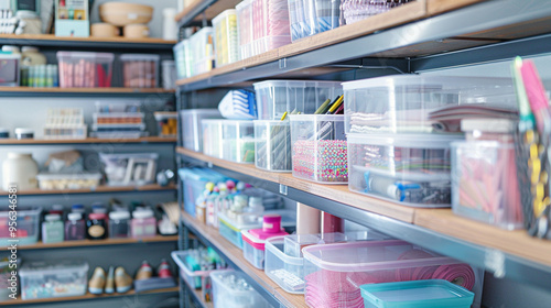 Wallpaper Mural Medium close-up of a craft room with supplies stored in clear bins, organized by color and type, on shelves. Torontodigital.ca