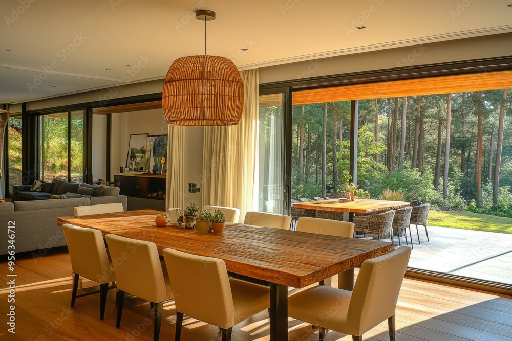 Modern Dining Room with Wooden Table and Chairs, Overlooking a Forest Through Large Windows