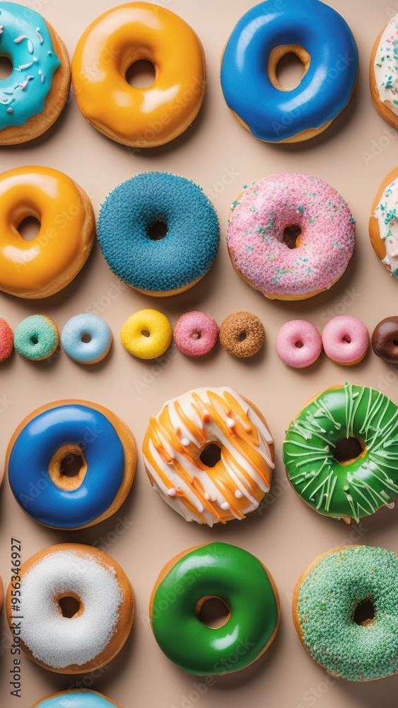 Colorful array of 12 doughnuts with varied frostings and toppings arranged against a neutral background. Colorful array of 12 doughnuts with varied frostings and toppings arranged against a neutral background.