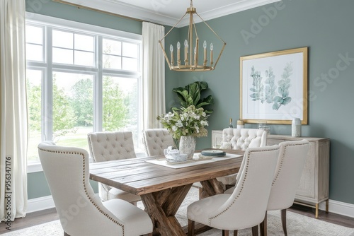 Modern Dining Room with White Upholstered Chairs and Wooden Table