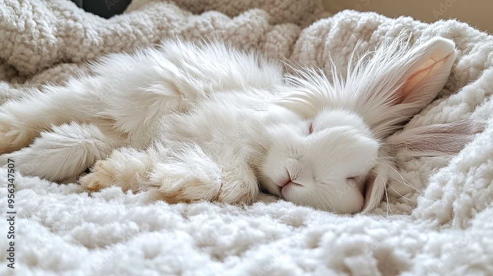 Cute fluffy white rabbit sleeping peacefully on a cozy blanket Cute fluffy white rabbit sleeping peacefully on a cozy blanket