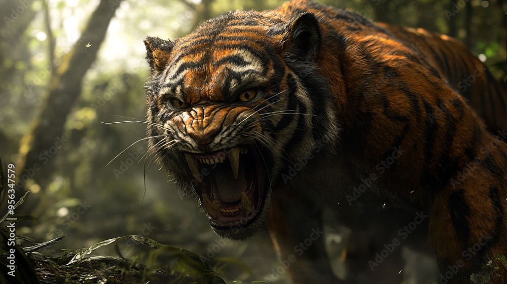Fierce tiger growls in dense jungle during golden hour light Fierce tiger growls in dense jungle during golden hour light